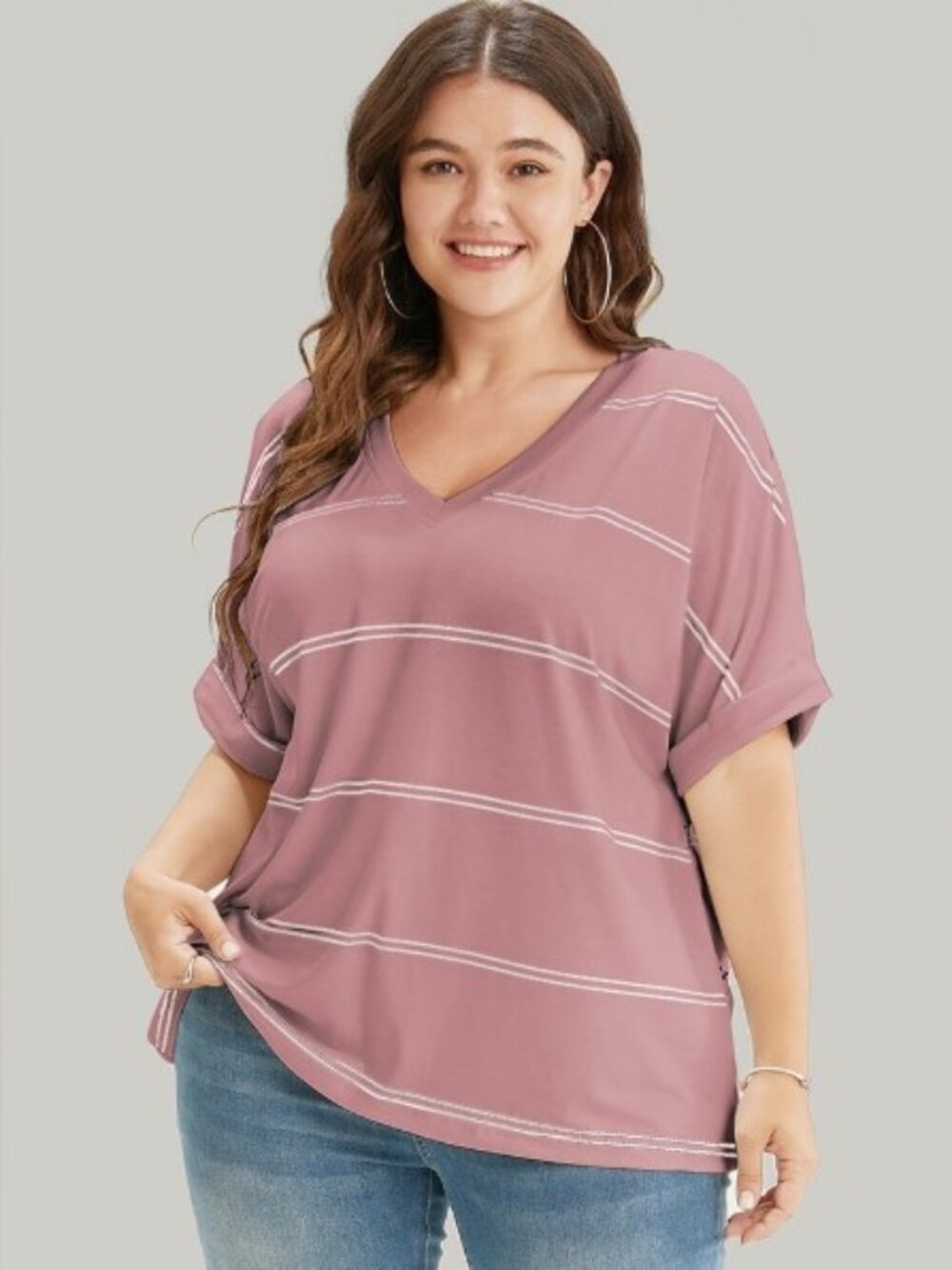 Bloomchic V-Neck Short Sleeve Pink with Stripes T-shirt; US 22-24